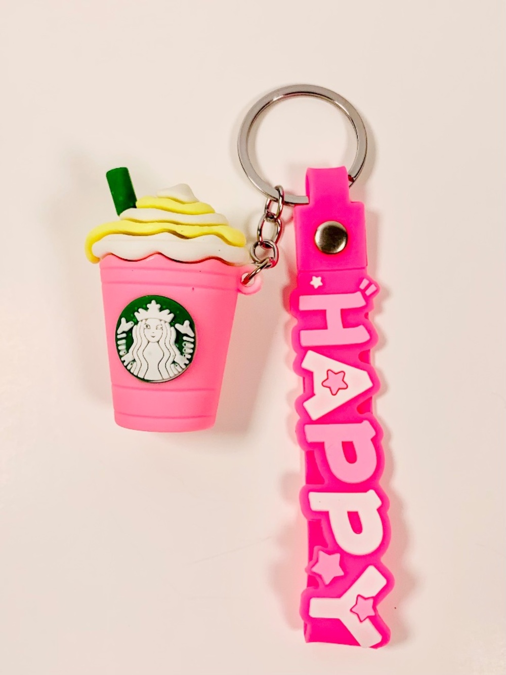 Starbucks-Inspired Happy keychain Bag charm 3D pink white Frappe coffee cup